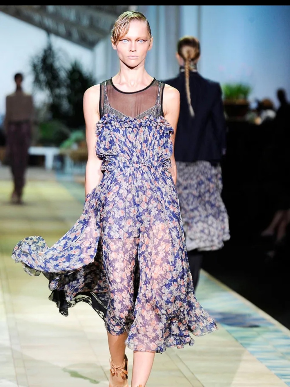 Roberto Cavalli Navy Floral & Black Chiffon Maxi Dress